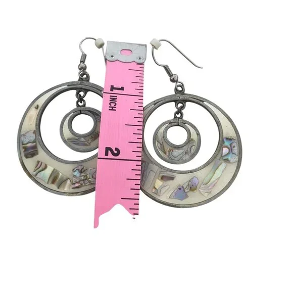 Taxco Alpaca Drop earrings Enamel Abalone chips Round geometric Mexico  VTG - Picture 4 of 6